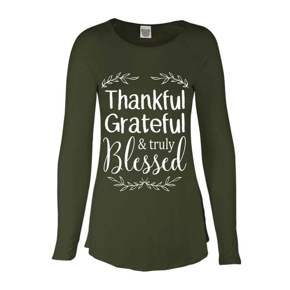NEW NWT Boutique Long Sleeve Olive Green Thankful Grateful & Truly Blessed Tee M
